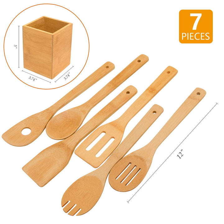 Kitchen Cooking Utensils Set - 6 Pieces Bamboo Wooden Spoons & Spatulas and 1 Holder