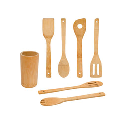 Kitchen Cooking Utensils Set - 6 Pieces Bamboo Wooden Spoons & Spatulas and 1 Holder