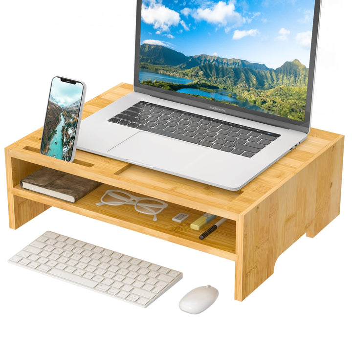 Office Bamboo Laptop Riser Shelf with Storage Organizer and Cooling Holes